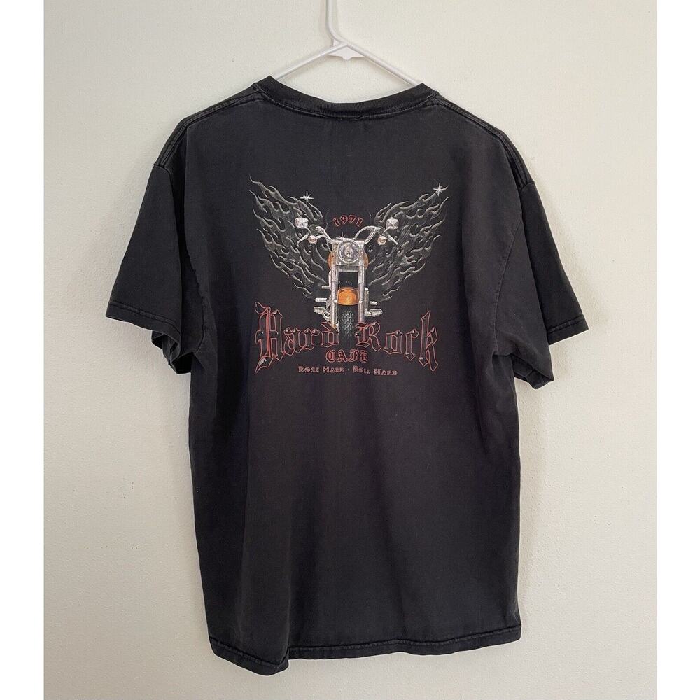 Vintage Hard Rock Cafe Shirt Black Las Vegas Roll Hard Motorcycle Faded 90s Sz L